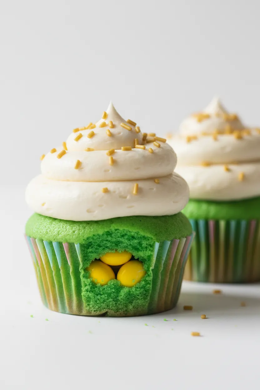 Two brightly lit 'Pot of Gold' cupcakes with green cake base, colorful striped liners, creamy white frosting with golden sprinkles, and a small gap revealing yellow candies.