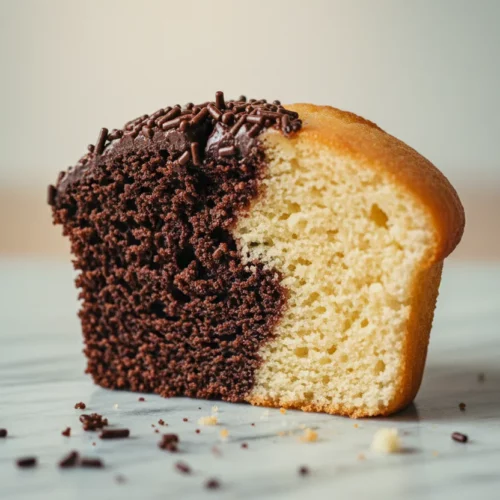 A halved pumpkin pie cupcake showcasing a distinct dual-layered texture; a dense, moist chocolate base with shiny chocolate sprinkles and a porous, buttery vanilla top. The cut reveals the layers, with stray sprinkles on a cool-toned marble surface under soft, diffused light.
