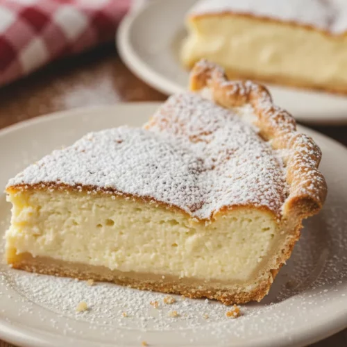 A slice of Italian ricotta pie, generously dusted with powdered sugar, showcasing its porous crust, smooth filling, and rustic charm on an off-white plate.