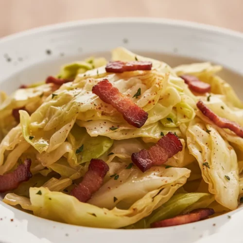Sautéed cabbage with turkey bacon in a white bowl, featuring softened cabbage leaves with crispy edges and small pieces of caramelized bacon, seasoned with reddish-orange spice.