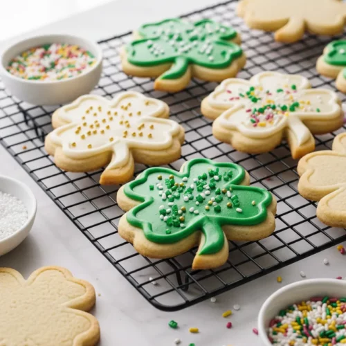 Close-up of shamrock-shaped sugar cookies decorated with green and white buttercream frosting and various sprinkles, arranged on a black wire cooling rack over a white marble surface, as part of a Shamrock Cookie Cake arrangement.