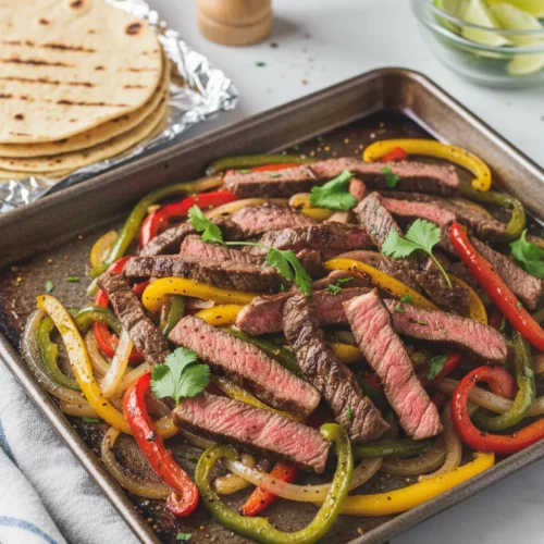 Sheet pan beef fajitas featuring seared steak strips, bell peppers (red, yellow, green), caramelized onions, fresh cilantro, and tortillas arranged on a light gray marble surface with a blue and white striped napkin.