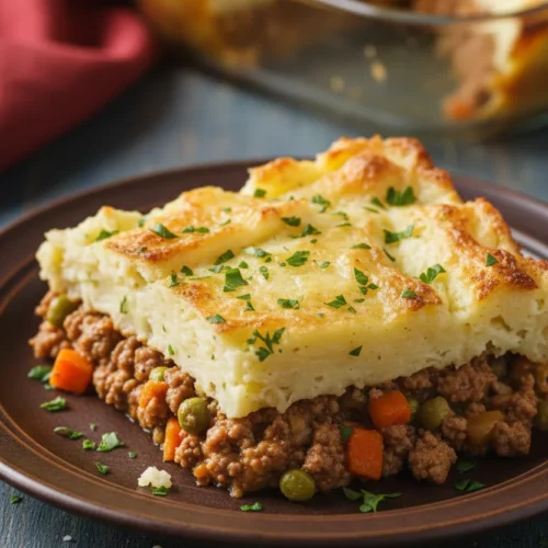 Whole Shepherd's Pie (Beef) in a glass baking dish, showcasing a golden brown mashed potato topping and a visible meat filling.