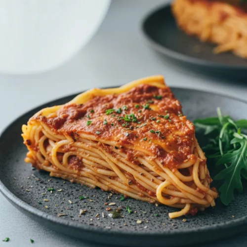 A slice of spaghetti pie on a dark grey textured plate, garnished with fresh arugula. The spaghetti pie features a glossy tomato sauce and al dente spaghetti, baked to a slightly singed edge.