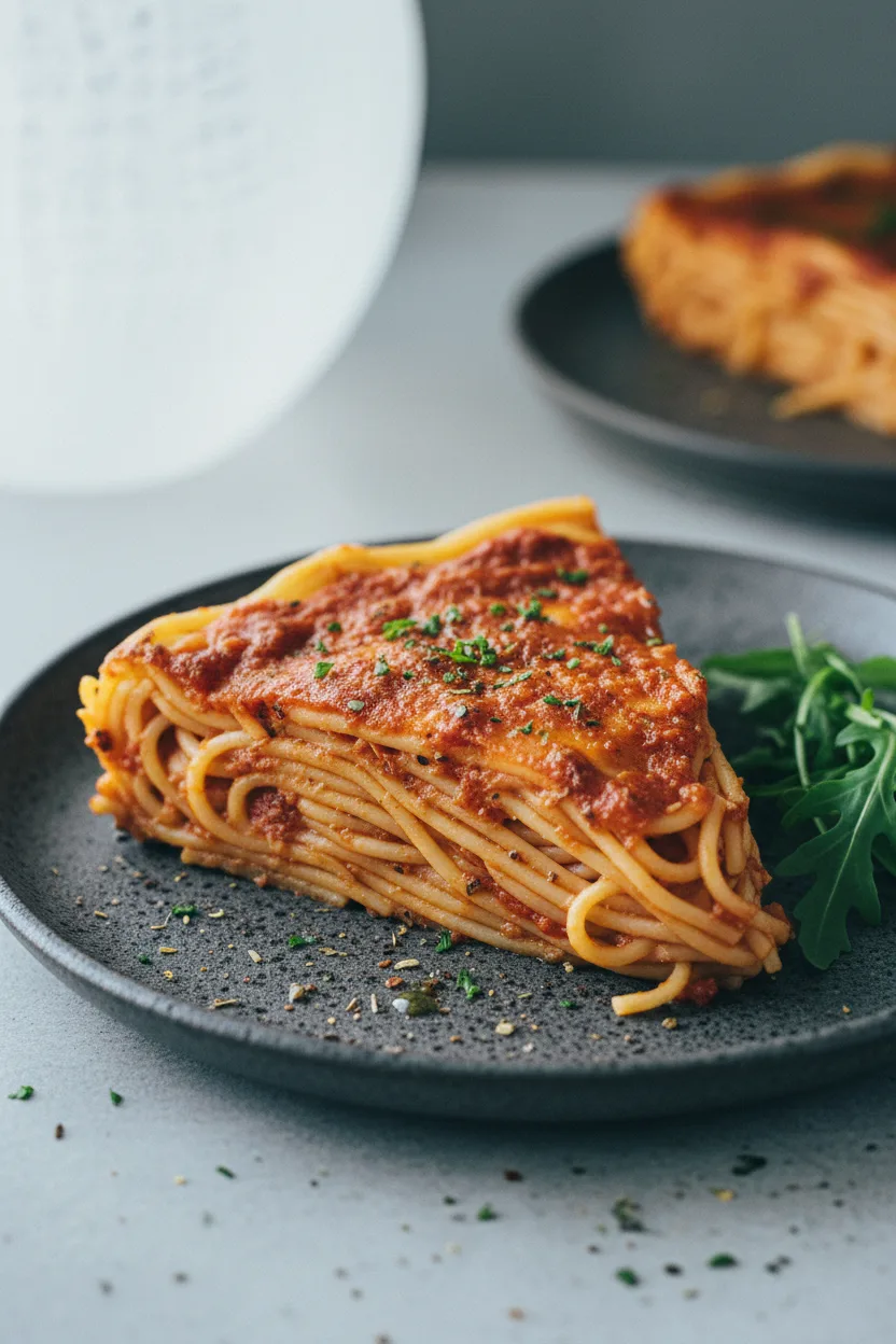 A slice of spaghetti pie on a dark grey textured plate, garnished with fresh arugula. The spaghetti pie features a glossy tomato sauce and al dente spaghetti, baked to a slightly singed edge.