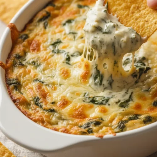 A close-up shot of spinach artichoke dip in a white oval baking dish, with a golden tortilla chip being dipped into the creamy center. The texture is thick and creamy with melted cheese. A hand holds the chip, ready to scoop up a generous portion.