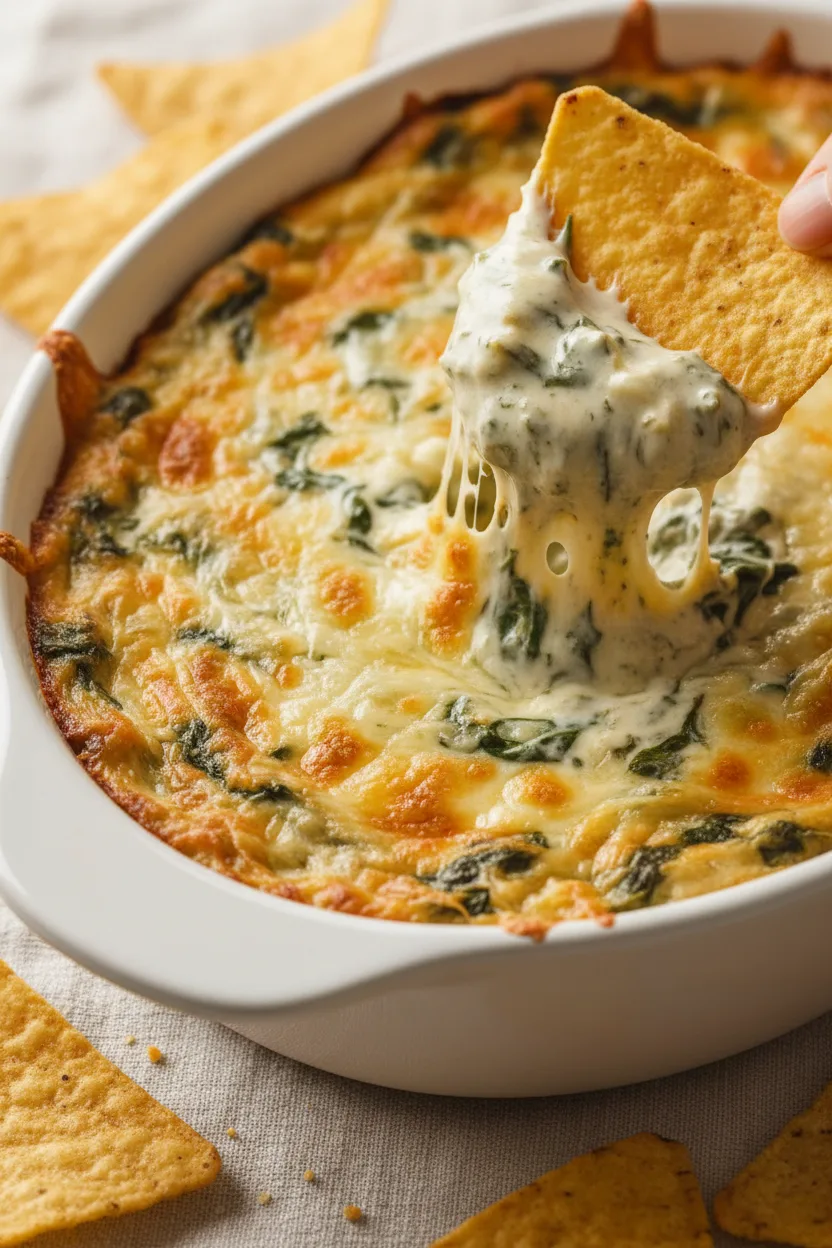 A close-up shot of spinach artichoke dip in a white oval baking dish, with a golden tortilla chip being dipped into the creamy center. The texture is thick and creamy with melted cheese. A hand holds the chip, ready to scoop up a generous portion.