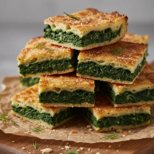 A stack of spinach and feta pie squares arranged on a rustic wooden cutting board with parchment paper. Fresh dill sprigs are scattered around the base.