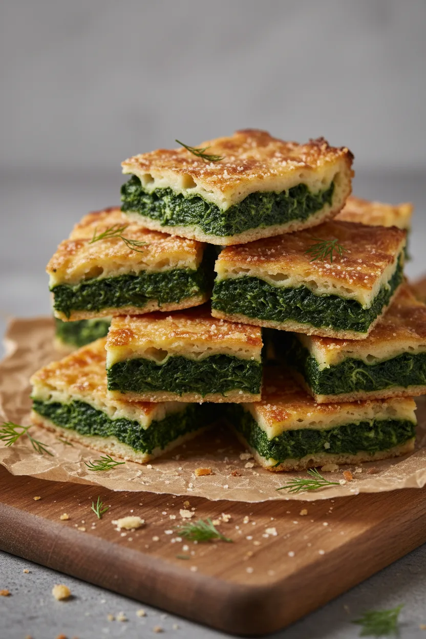A stack of spinach and feta pie squares arranged on a rustic wooden cutting board with parchment paper. Fresh dill sprigs are scattered around the base.