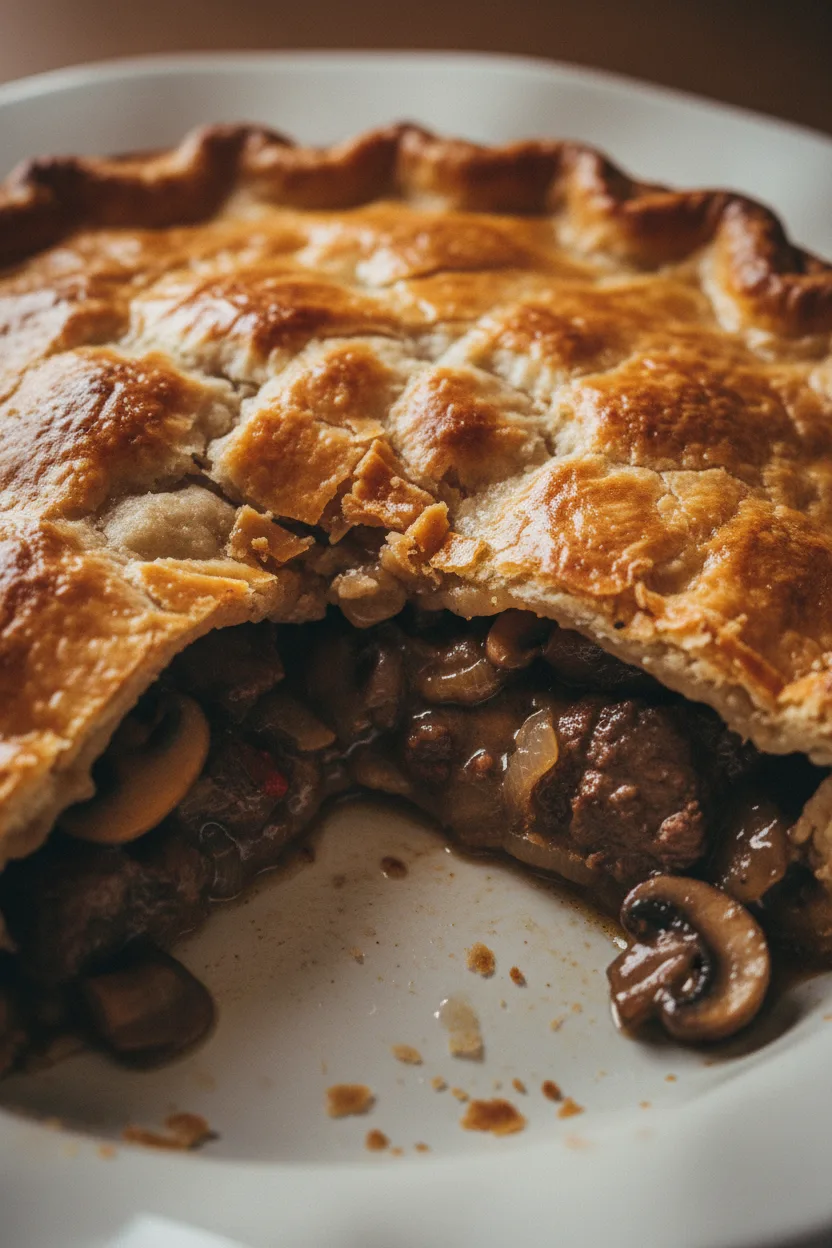 A close-up of a sliced, golden-brown steak and ale pie (no ale), revealing a rich, glistening beef filling with visible chunks of beef, onions, and mushrooms within a flaky crust. The pie sits in a white dish.