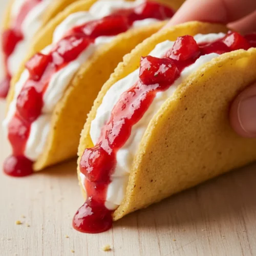 A miniature strawberry cheesecake taco with a sandy-textured shell, filled with fluffy white cream and thick, glossy strawberry sauce with small fruit chunks. More strawberry cheesecake tacos are arranged on a clean, light-toned wooden surface, held in a hand, with soft, diffused lighting.