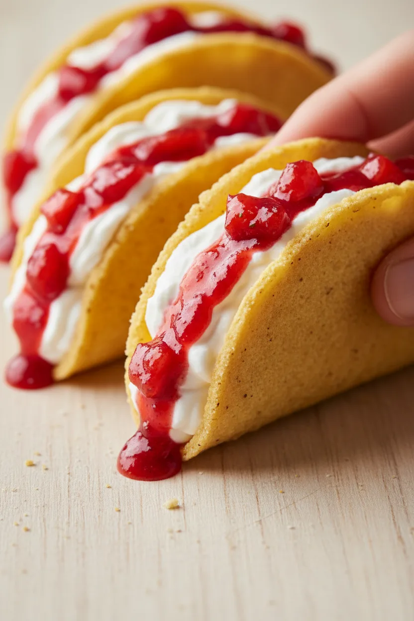 A miniature strawberry cheesecake taco with a sandy-textured shell, filled with fluffy white cream and thick, glossy strawberry sauce with small fruit chunks. More strawberry cheesecake tacos are arranged on a clean, light-toned wooden surface, held in a hand, with soft, diffused lighting.
