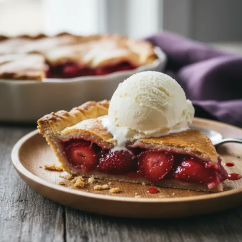 A slice of strawberry rhubarb pie topped with a scoop of vanilla ice cream. The pie has a flaky, golden-brown crust and the filling is a glistening mix of cooked fruit. The scene is set on a rustic wooden surface with a vintage fork nearby.