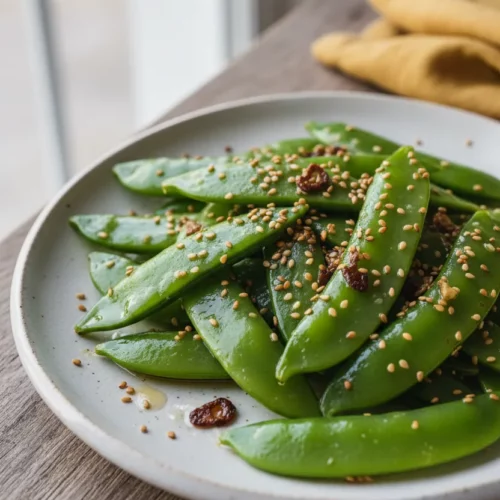 A vibrant sugar snap peas stir-fry glistening with a light sauce and sprinkled with toasted sesame seeds, served on a white ceramic plate atop a weathered wooden surface with a mustard-yellow linen napkin in the corner.