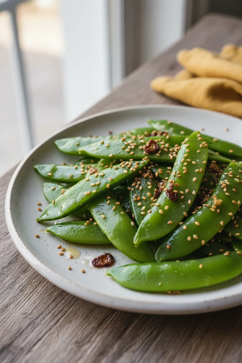 A vibrant sugar snap peas stir-fry glistening with a light sauce and sprinkled with toasted sesame seeds, served on a white ceramic plate atop a weathered wooden surface with a mustard-yellow linen napkin in the corner.