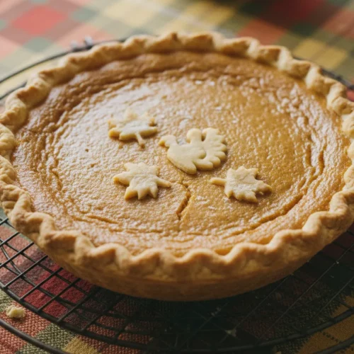 Home-style sweet potato pie on a wire rack, decorated with dough leaves and a turkey, set upon a colorful plaid tablecloth with warm autumnal tones. The pie has a slightly textured surface with subtle color variations, suggesting a homemade quality.