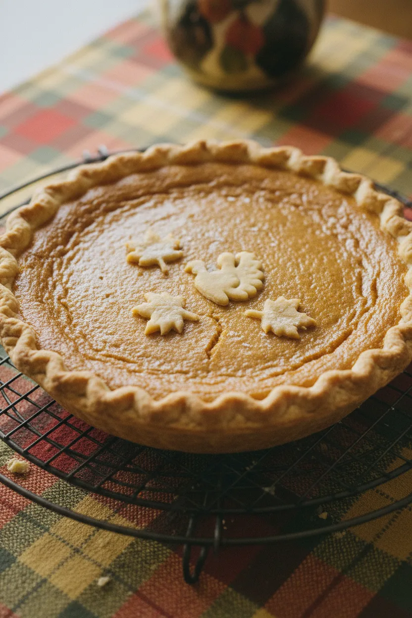 Home-style sweet potato pie on a wire rack, decorated with dough leaves and a turkey, set upon a colorful plaid tablecloth with warm autumnal tones. The pie has a slightly textured surface with subtle color variations, suggesting a homemade quality.