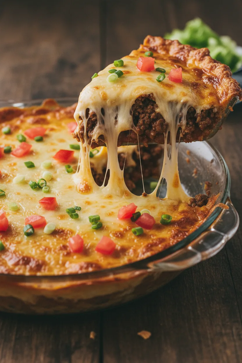 A slice of cheesy taco pie is being lifted, showcasing molten cheese with stretchy strands. Diced tomatoes and sliced green onions are visible on top of the layered dip.