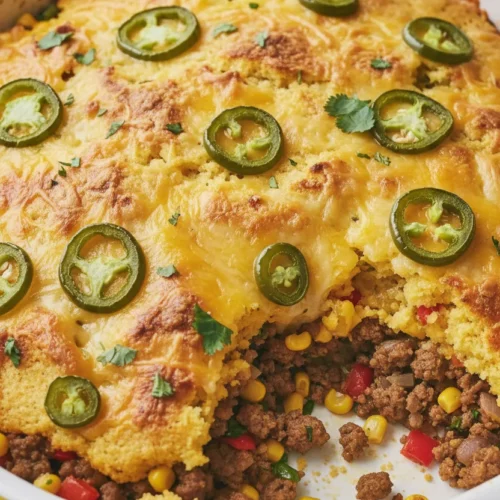 Eye-level food photograph of a freshly baked Tamale Pie featuring a crumbly meat base topped with golden-brown cornbread, melted cheese, and bright green jalapeño slices.