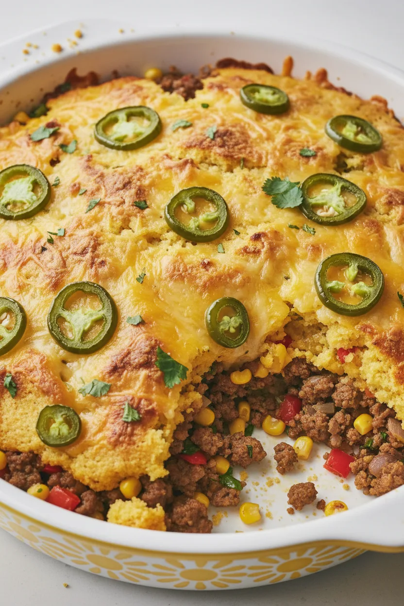 Eye-level food photograph of a freshly baked Tamale Pie featuring a crumbly meat base topped with golden-brown cornbread, melted cheese, and bright green jalapeño slices.