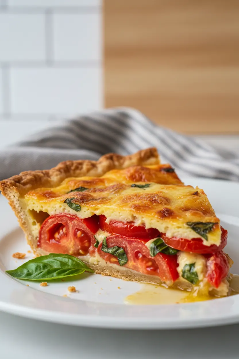 A bright and airy commercial food photograph showcases a slice of Southern-style Tomato Pie featuring a golden-brown crust, juicy red tomatoes, fresh basil, a creamy custard-like sauce, and a melted golden-yellow cheese crust.