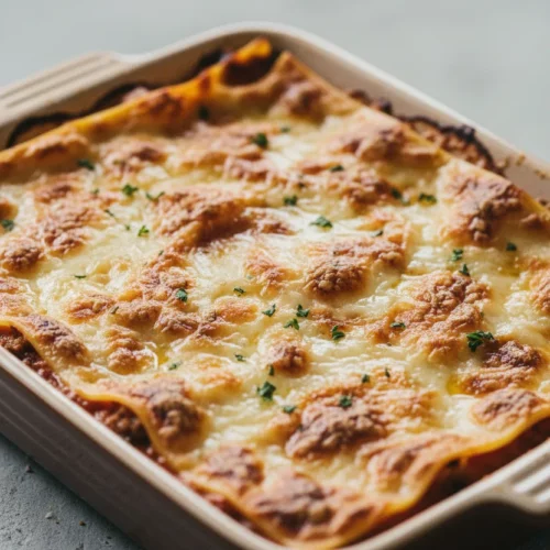 A bubbly, browned Turkey Pot Pie in a baking dish with visible layers of filling and a golden-brown cheese topping. The image features warm highlights and a neutral color grading against a pale grey concrete background.