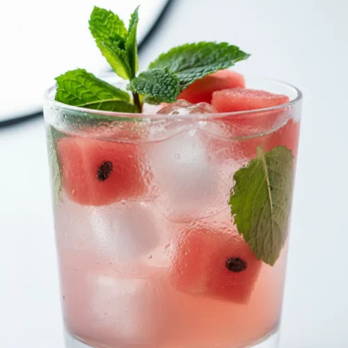 A refreshing watermelon mocktail punch in a clear glass, garnished with fresh mint and watermelon slices. Translucent ice cubes add to the cool, vibrant appearance, set against a clean white background.
