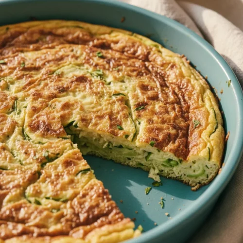 Savory Zucchini Pie Frittata in a turquoise baking dish, featuring a golden-brown, porous surface with a soft, moist interior, illuminated by soft, diffused light.