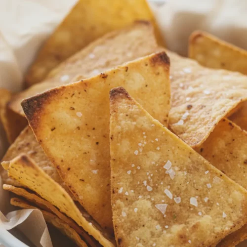 Close-up of crispy air fryer tortilla chips in a white bowl lined with parchment paper, sprinkled with salt. Red salsa is visible in the background.