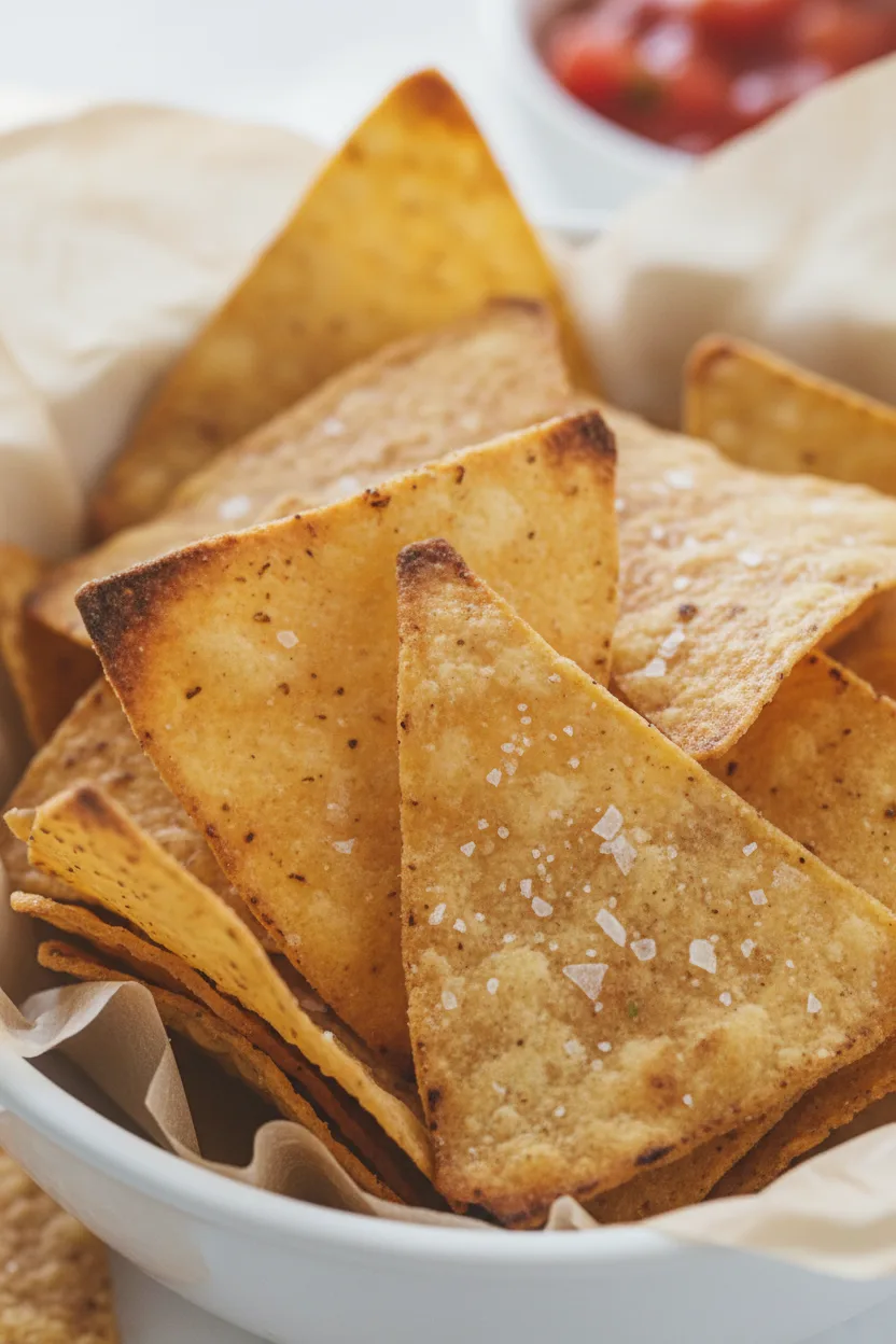 Close-up of crispy air fryer tortilla chips in a white bowl lined with parchment paper, sprinkled with salt. Red salsa is visible in the background.