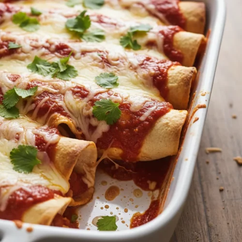 Authentic Chicken Enchiladas in a white baking dish, covered in melted cheese, a glistening red sauce, and garnished with fresh cilantro.