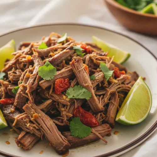 Shredded beef barbacoa, glistening and tender, served with cilantro and lime wedges. The meat is interspersed with sun-dried tomatoes and rests on a white linen cloth.