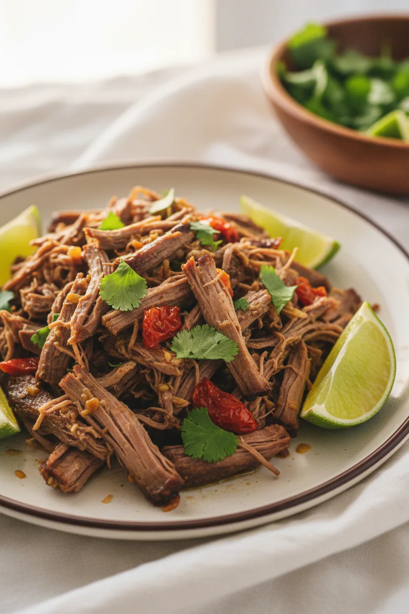 Shredded beef barbacoa, glistening and tender, served with cilantro and lime wedges. The meat is interspersed with sun-dried tomatoes and rests on a white linen cloth.