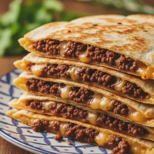 A towering stack of beef quesadilla slices, toasted to a golden-brown crispness and filled with moist, finely textured ground beef and melted cheese. The image features warm, inviting lighting and saturated reds, emphasizing the delicious beef quesadillas.