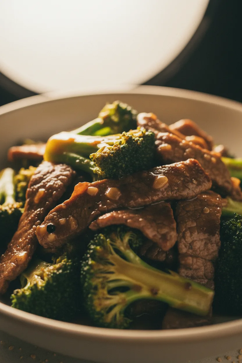 Close-up of beef and broccoli stir fry with glistening sauce, featuring browned beef slices and bright green broccoli florets.