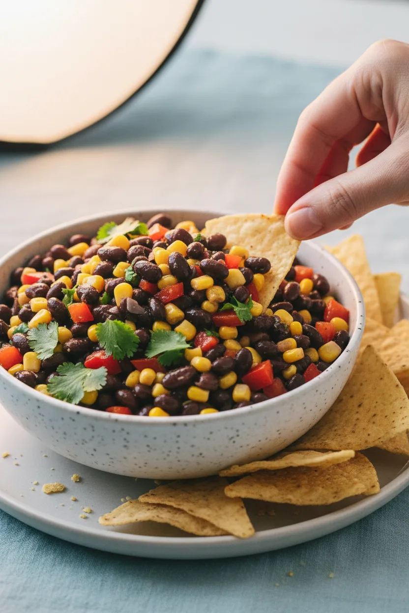 A vibrant black bean and corn salsa in a speckled white bowl, surrounded by beige tortilla chips. A hand holds a chip, scooping up the salsa. The salsa showcases diced red peppers, corn kernels, and cilantro, all on a pale gray plate with a pale blue linen backdrop.