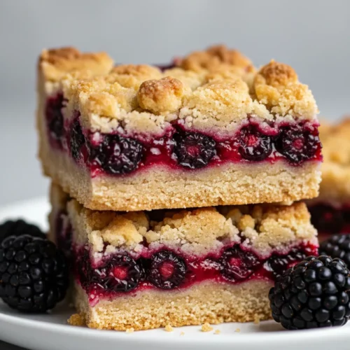 A stack of two homemade blackberry crumble bars on a white plate. The bars have a light beige crust, a deep red blackberry filling with visible berries, and a golden-yellow crumble topping. Fresh blackberries are scattered around the base.