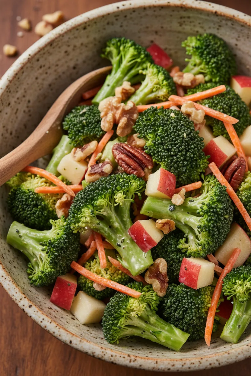 High-key food photography of a Broccoli Apple Salad in a speckled ceramic bowl with a wooden spoon. The salad features green broccoli florets, diced red apples, shredded carrots, walnuts or pecans, and a creamy dressing.