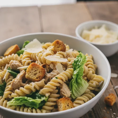 A close-up of Caesar Chicken Pasta Salad in a white bowl, featuring spiral pasta, chicken, croutons, lettuce, and parmesan cheese, dressed with creamy Caesar dressing. A smaller bowl of parmesan shavings and a copper-colored fork are also visible.