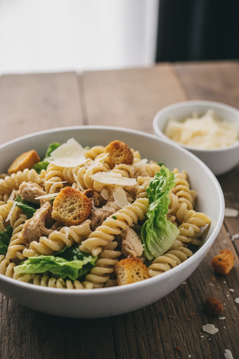 A close-up of Caesar Chicken Pasta Salad in a white bowl, featuring spiral pasta, chicken, croutons, lettuce, and parmesan cheese, dressed with creamy Caesar dressing. A smaller bowl of parmesan shavings and a copper-colored fork are also visible.