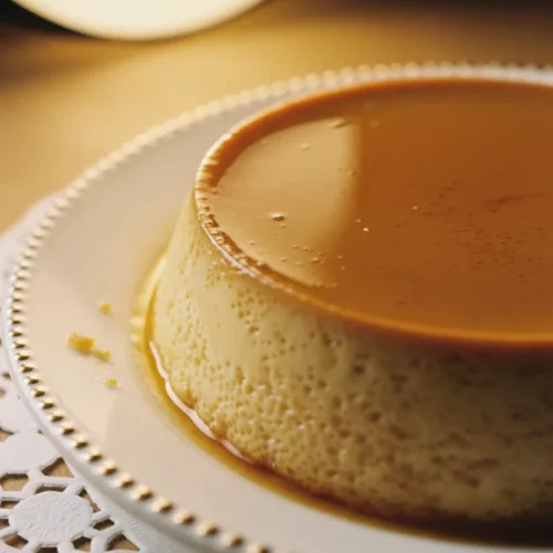Close-up of a caramel flan featuring a smooth, golden-brown viscous surface with a tiny blemish on top, set in a white ceramic dish with a beaded golden trim, resting on a white lace doily. The Caramel Flan Recipe is captured with soft, diffused lighting that emphasizes its gelatinous texture and consistent doneness.