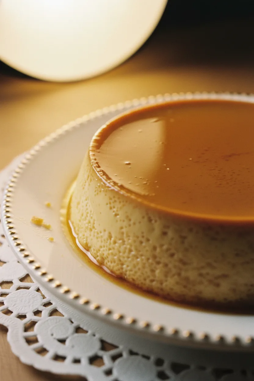 Close-up of a caramel flan featuring a smooth, golden-brown viscous surface with a tiny blemish on top, set in a white ceramic dish with a beaded golden trim, resting on a white lace doily. The Caramel Flan Recipe is captured with soft, diffused lighting that emphasizes its gelatinous texture and consistent doneness.
