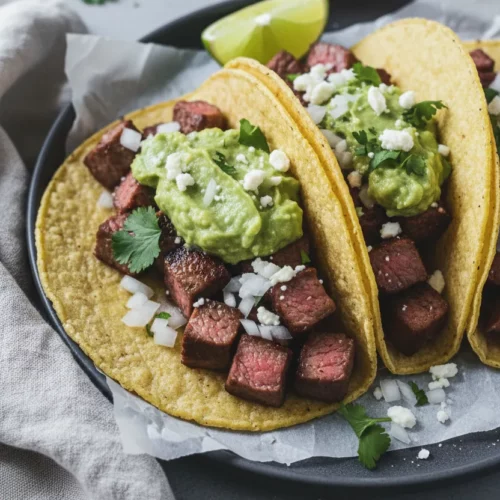Overhead shot of carne asada tacos on yellow corn tortillas, filled with seared steak, creamy guacamole, diced white onions, fresh cilantro, and crumbled queso fresco. Served on a dark gray plate with parchment paper and a lime wedge.
