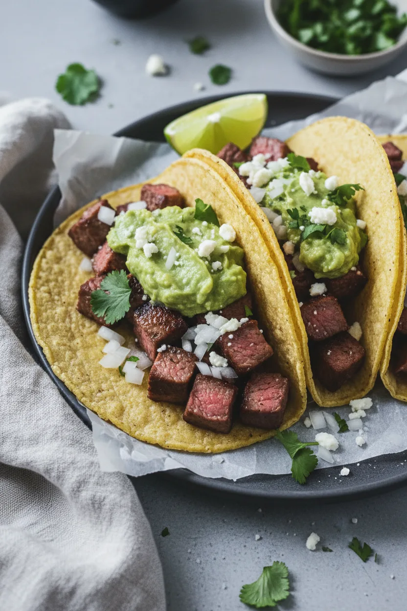 Overhead shot of carne asada tacos on yellow corn tortillas, filled with seared steak, creamy guacamole, diced white onions, fresh cilantro, and crumbled queso fresco. Served on a dark gray plate with parchment paper and a lime wedge.