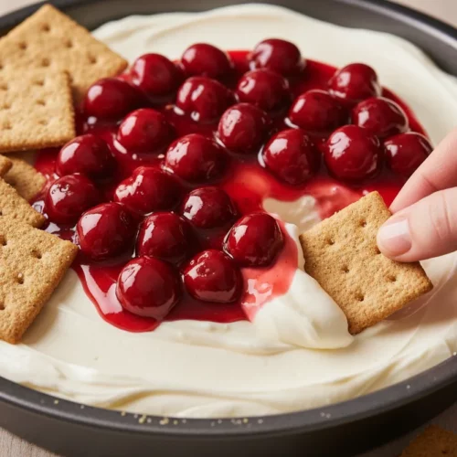 Close-up of a hand dipping a graham cracker into a rich, creamy cherry cheesecake dip served in a dark grey pan, with graham crackers piled around.