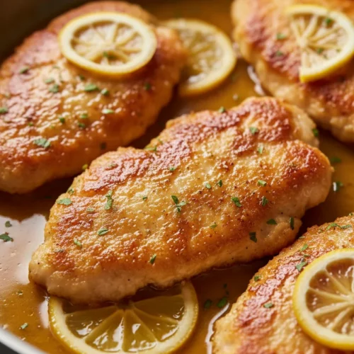 Close-up of tender Chicken Francese cutlets coated in a glossy, golden sauce, garnished with fresh green herbs and thin lemon slices, presented in a brushed silver pan.