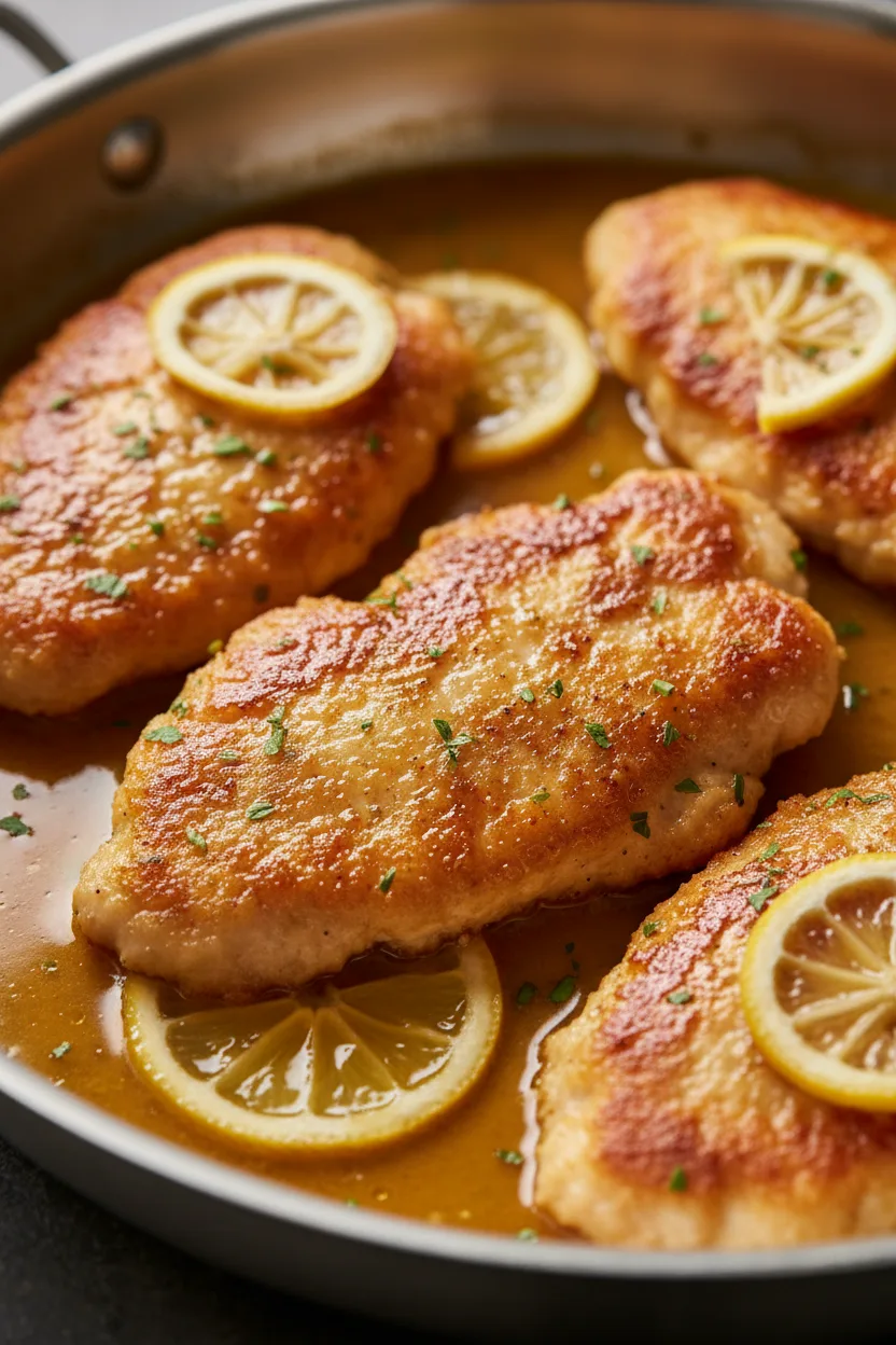 Close-up of tender Chicken Francese cutlets coated in a glossy, golden sauce, garnished with fresh green herbs and thin lemon slices, presented in a brushed silver pan.