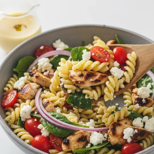 Chicken pasta salad featuring rotini pasta, diced chicken, feta cheese, cherry tomatoes, spinach, and red onions in a grey bowl. A wooden spoon lifts a portion of the chicken pasta salad, with creamy dressing in the background. This is a delicious Chicken Pasta Salad Recipe.
