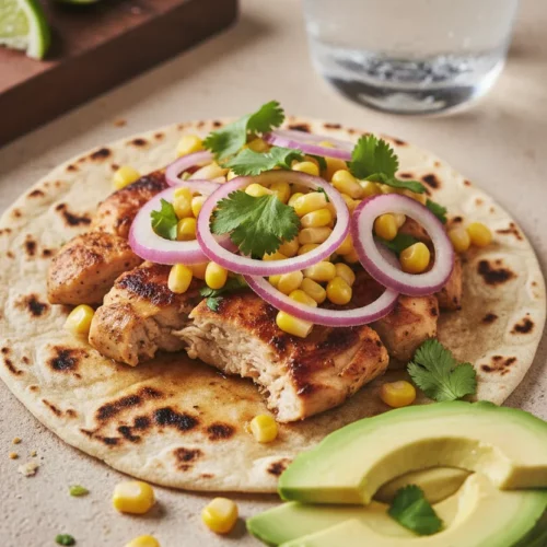 A close-up shot of a chicken taco topped with corn and red onion salsa, avocado slices, and cilantro, served on a light tan textured surface. Lime wedges and a glass of water are in the background, highlighting the fresh ingredients of the chicken tacos with corn salsa.