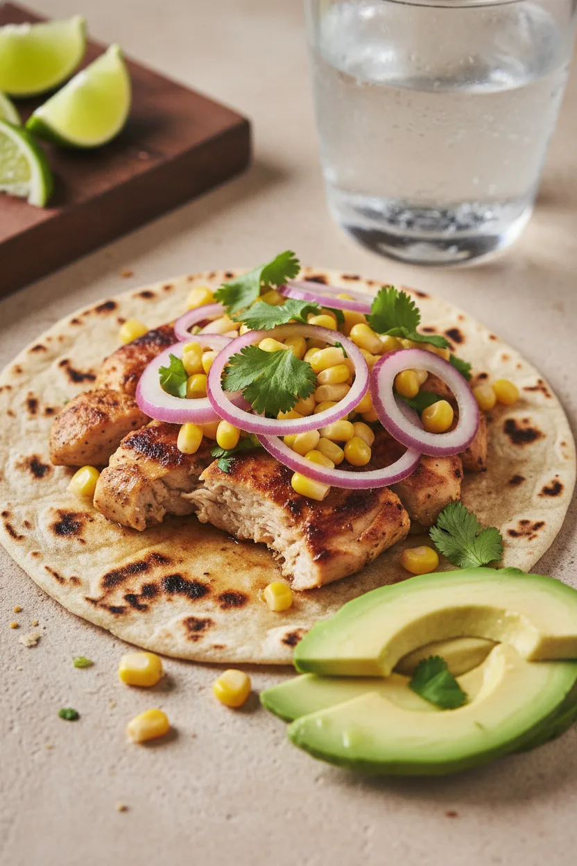 A close-up shot of a chicken taco topped with corn and red onion salsa, avocado slices, and cilantro, served on a light tan textured surface. Lime wedges and a glass of water are in the background, highlighting the fresh ingredients of the chicken tacos with corn salsa.